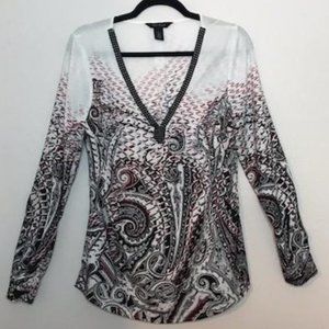 White House Black Market White Paisley Long Sleeve Blouse - Size 6